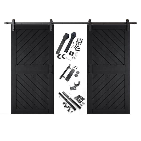 XT3 32 in. x 84 in. C-Panel Black Slanted Stripe Design Double Pine Wood Sliding Barn Door with Hardware Kit