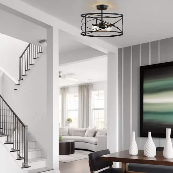14.57 in. 3-Light Matte Black Semi- Flush Mount with Drum Cage for Bedroom or Hallway