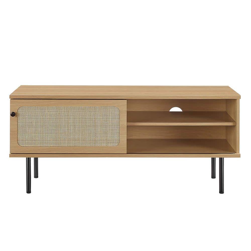 Rustic Oak 47" Media Console with Rattan Cabinet and Metal Legs