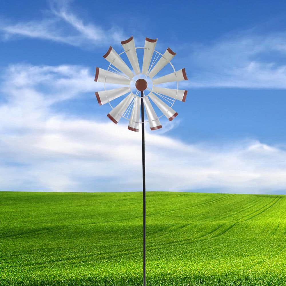 Tall Silver Metal Windmill Garden Stake for Outdoor Decor
