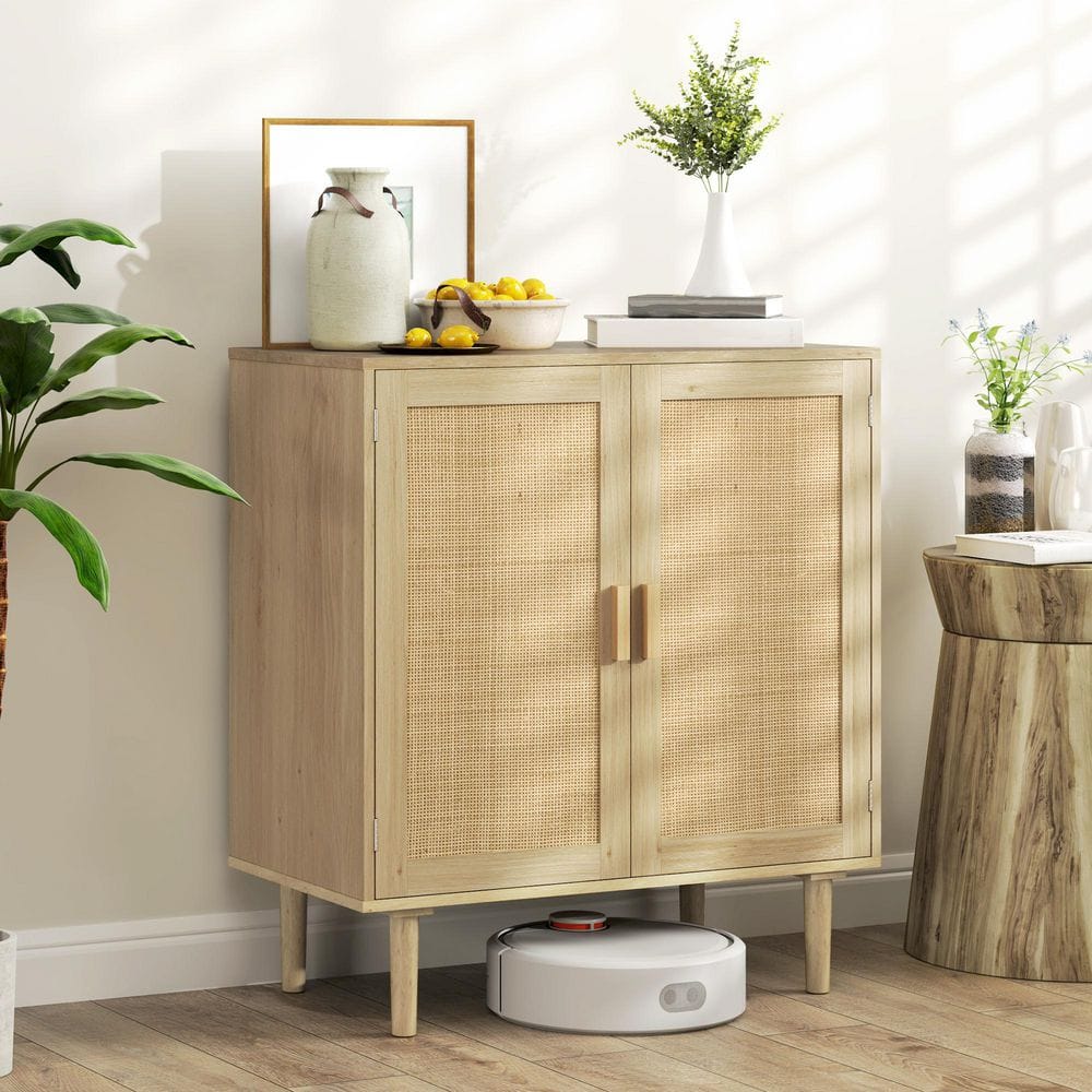 Natural Oak Bohemian Sideboard with Rattan Doors and Shelves