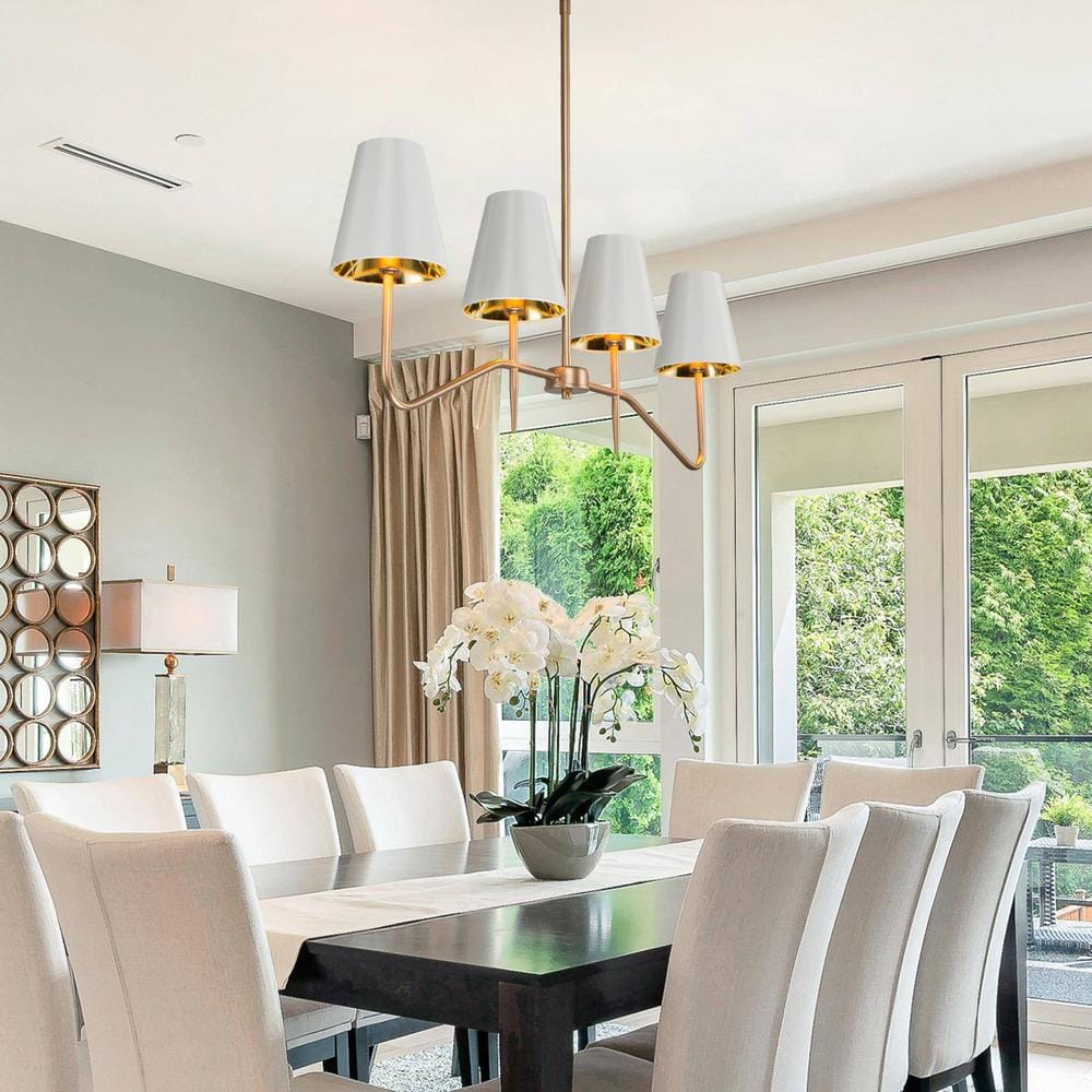 Gold Metal 4-Light Linear Chandelier with White Fabric Shades