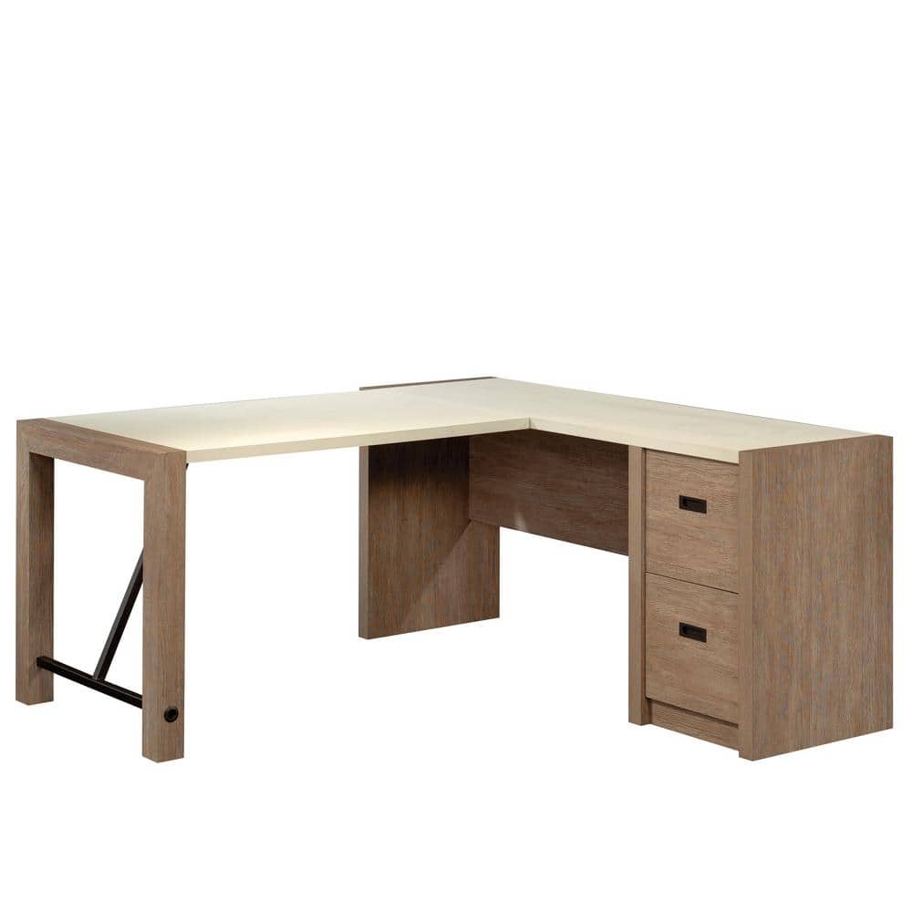 Pebble White and Brushed Oak L-Shaped Desk with Filing Cabinet