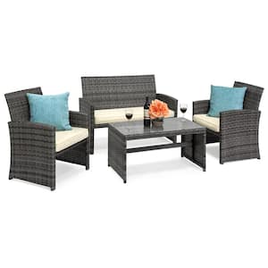 Gray 4-Piece Wicker Patio Conversation Set with Cream Cushions, 4 Seats, Tempered Glass Table Top