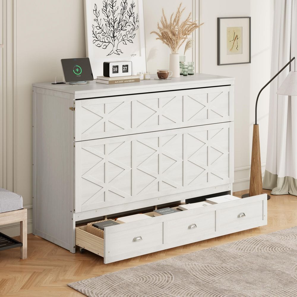 Brushed White Wood Frame Queen Size Murphy Bed with Large Drawers and USB price history on PriceWatchPro