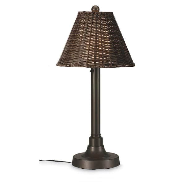 Patio Living Concepts Shangri-La 30 in. Outdoor Bronze Table Lamp with Walnut Wicker Shade