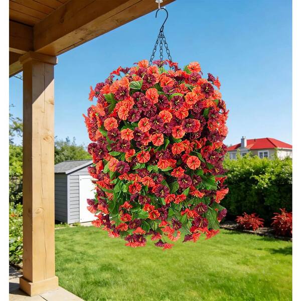 25 in. Orange Brown Outdoor Hanging Artificial Petunia in Brown