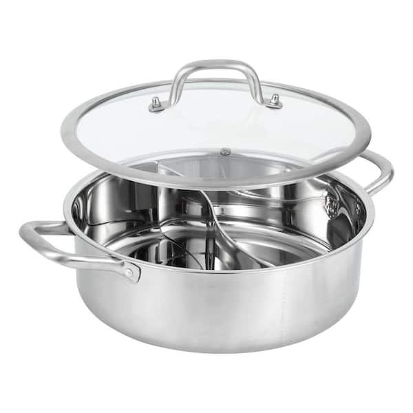 2-piece 4.5 Qt Stainless Steel Shabu Shabu Hot Pot with S-Shaped Divider Thicken Glass Lid Induction Gas
