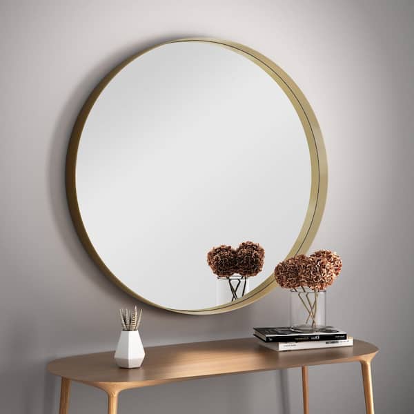 EPOWP 24 in. W x 24 in. H Large Round Metal Framed Wall Bathroom Vanity Mirror in Gold