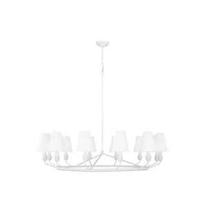Ziba 48 in. W x 34.75 in. H 12-Light Matte White Extra Large Dimmable Chandelier with White Linen Fabric Shades