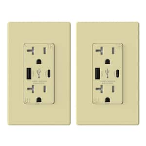 25-Watt 20 Amp Type A & C Dual USB Wall Charger with Duplex Tamper Resistant Outlet Wall Plate Included, Ivory (2-Pack)