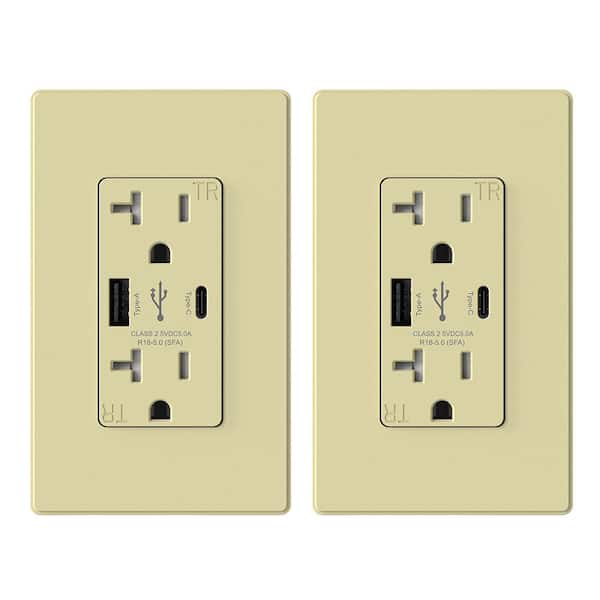 ELEGRP 25-Watt 20 Amp Type A & C Dual USB Wall Charger with Duplex Tamper Resistant Outlet Wall Plate Included, Ivory (2-Pack)