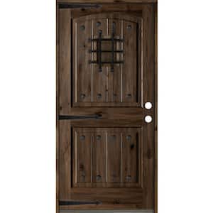30 in. x 80 in. Mediterranean Knotty Alder Arch Top 2 Panel Left-Hand/Inswing Black Stain Wood Prehung Front Door