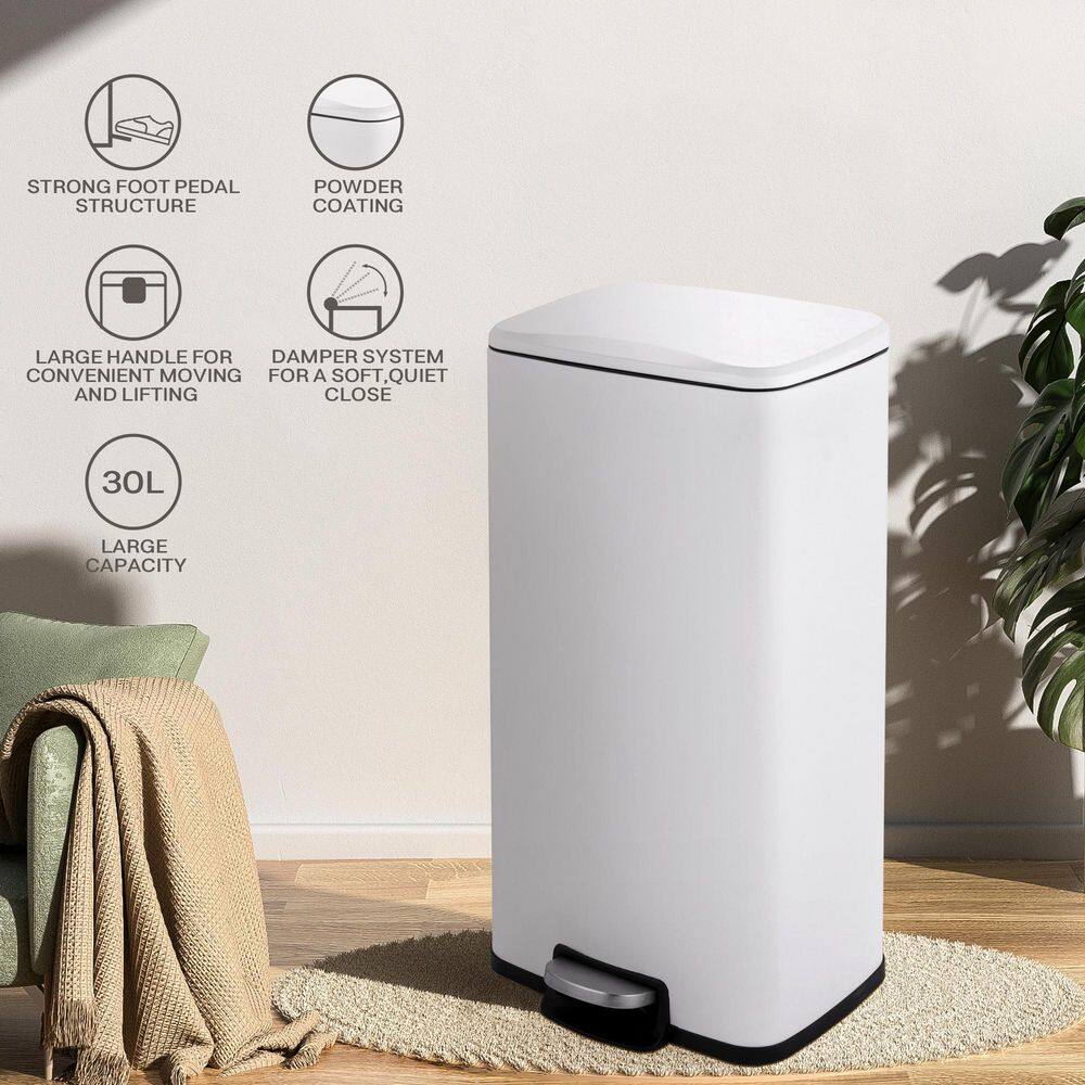 8 Gallon Matt White Stainless Steel Step-On Trash Can
