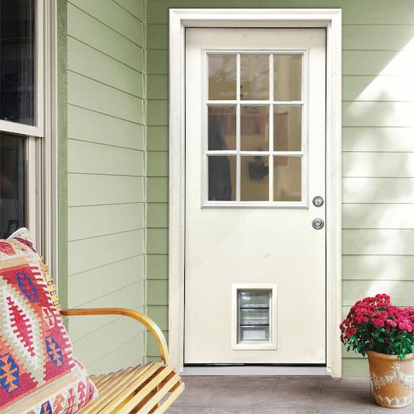 32 in. x 80 in. Reliant Series Clear 9 Lite LHIS White Primed Fiberglass Prehung Front Door with Med Pet Door