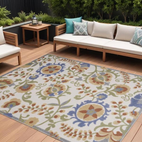 Ivory, Blue 6 ft. x  9 ft. Woven Abstract Polyester Runner Indoor/Outdoor Area Rug