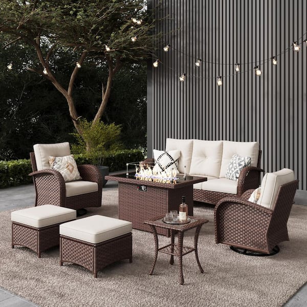 LayinSun 7-Pieces Wicker Swivel Outdoor Chairs Rectangle Fire Pit Patio Conversation Set with Beige Cushions