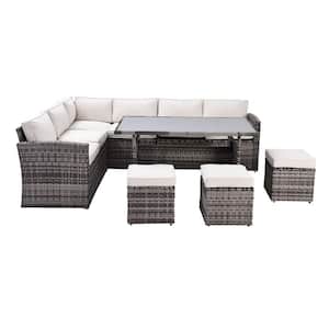 7-Piece PE Rattan Wicker Patio Outdoor Dining Sectional Sofa Set with Beige Cushions