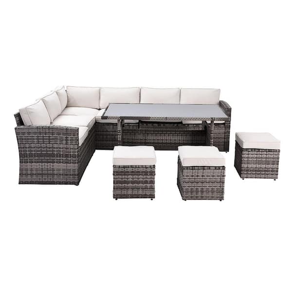 Sudzendf 7-Piece PE Rattan Wicker Patio Outdoor Dining Sectional Sofa Set with Beige Cushions