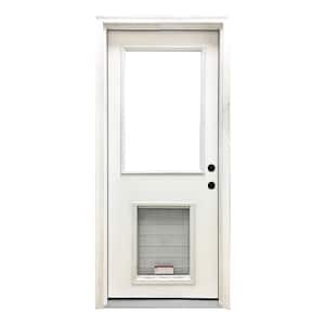 30 in. x 80 in. Reliant Series Clear Half Lite LHIS White Primed Fiberglass Prehung Back Door with XL Pet Door
