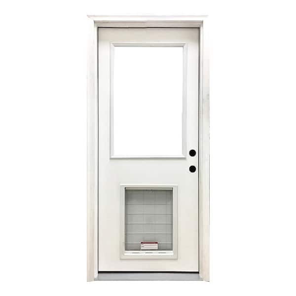 Steves & Sons 30 in. x 80 in. Reliant Series Clear Half Lite LHIS White Primed Fiberglass Prehung Back Door with Extra Large Pet Door
