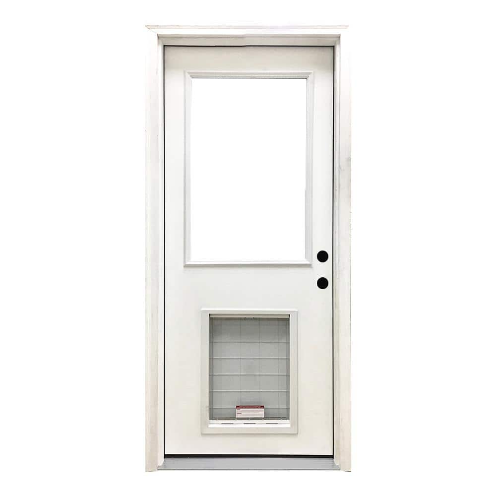 36 in. x 80 in. Reliant Series Clear Half Lite LHIS White Primed Fiberglass Prehung Back Door with Extra Large Pet Door price history on PriceWatchPro