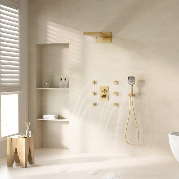 4-Spray 22 in. Rectangular Wall Mounted Dual Shower Head and Handheld Shower Head 2.5 GPM in Brushed Gold