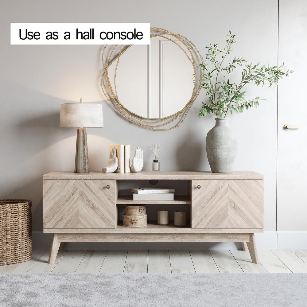 Beige 58" Herringbone MDF TV Stand with Wooden Legs