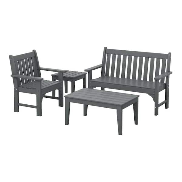Laguna Outdoor Patio HDPE All Weather Gray 4-Piece Garden Arm Chair, Bench and Coffee Table Porch Set