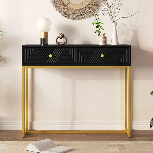 38 in. Black Rectangle MDF Console Table with 2 Drawers