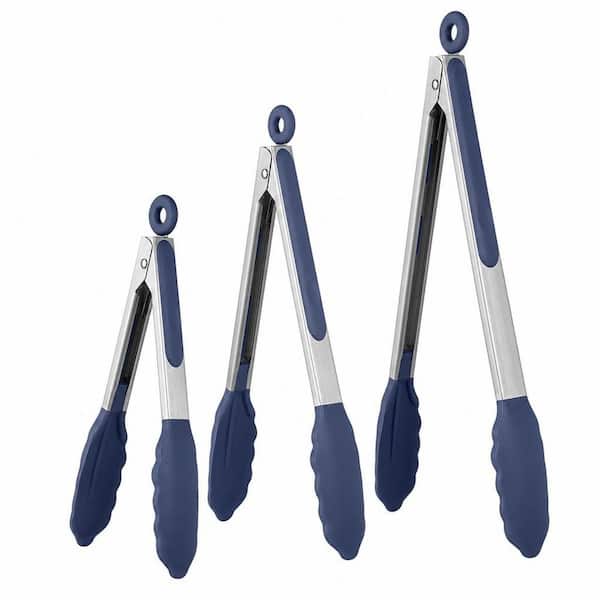U-Taste 7/9/12 in. Silicone Cooking Tong Set with Rubber Tips and Si-Coated SS Handle, 600ºF Heat Resistant, Blue