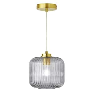 Hadley 8 in. 1-Light Gold Pendant with Purple Glass Shade