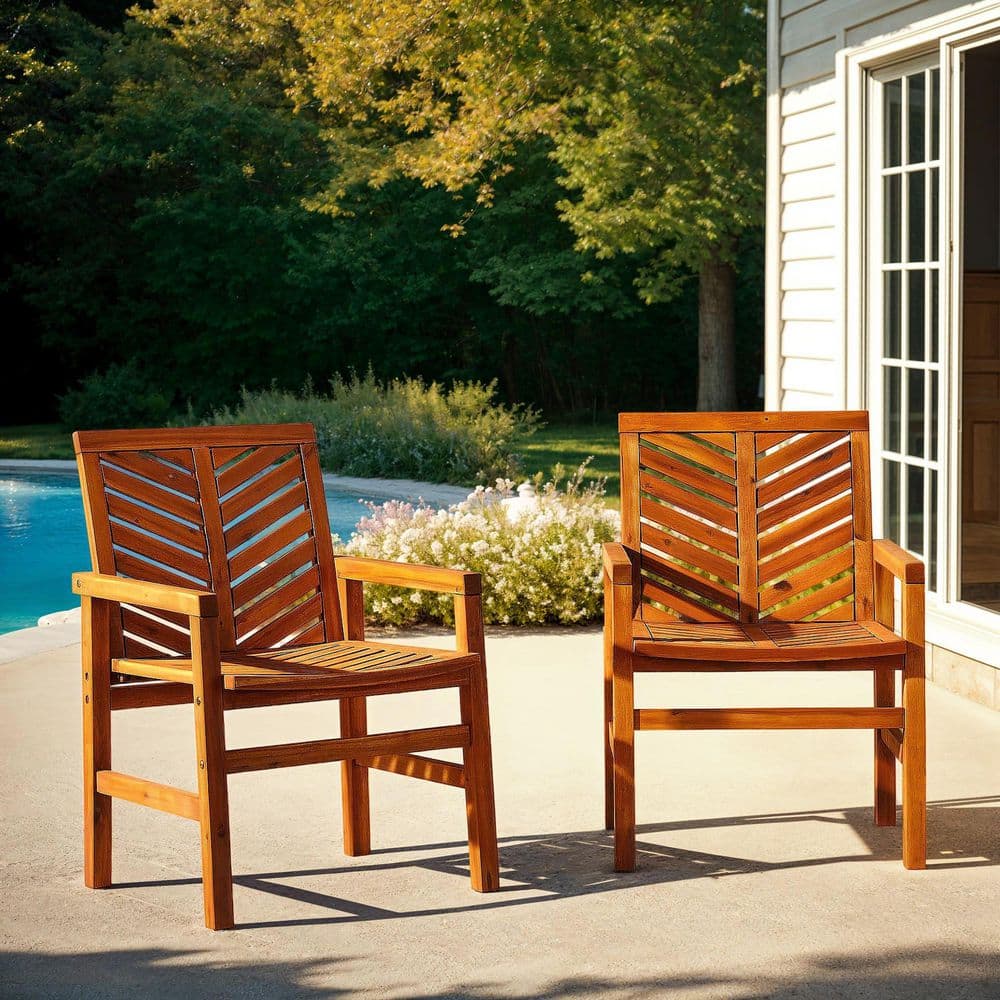 Set of 2 Brown Chevron Slatted Acacia Wood Patio Chairs