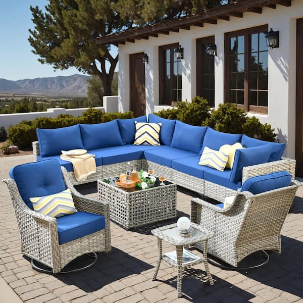 Howell 10-Piece Wicker Outdoor Patio Conversation Sofa Furniture Set with Swivel Rocking Chairs and Navy Blue Cushions