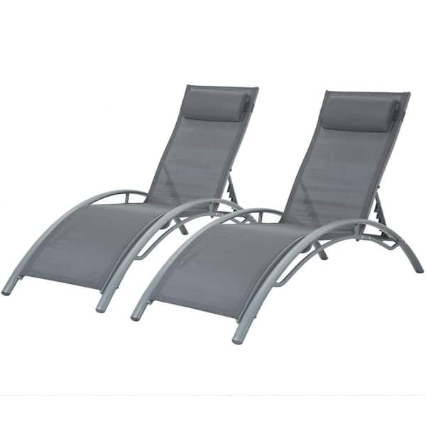 JUSKYS Gray 2-Piece Aluminum Outdoor Chaise Lounge Chair Recliner with 5-Level Adjustable Backrest and Gray Pillow