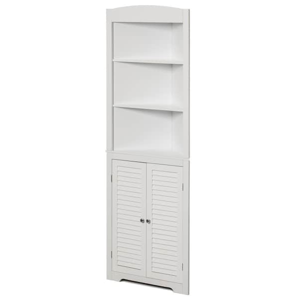 Basicwise White Standing Storage Corner Cabinet Organizer with 3-Open Shelf and Double Shutter Doors