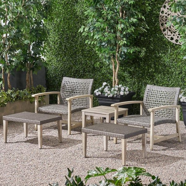Noble House Hamption Light Grey 5-Piece Wood Patio Conversation Seating Set