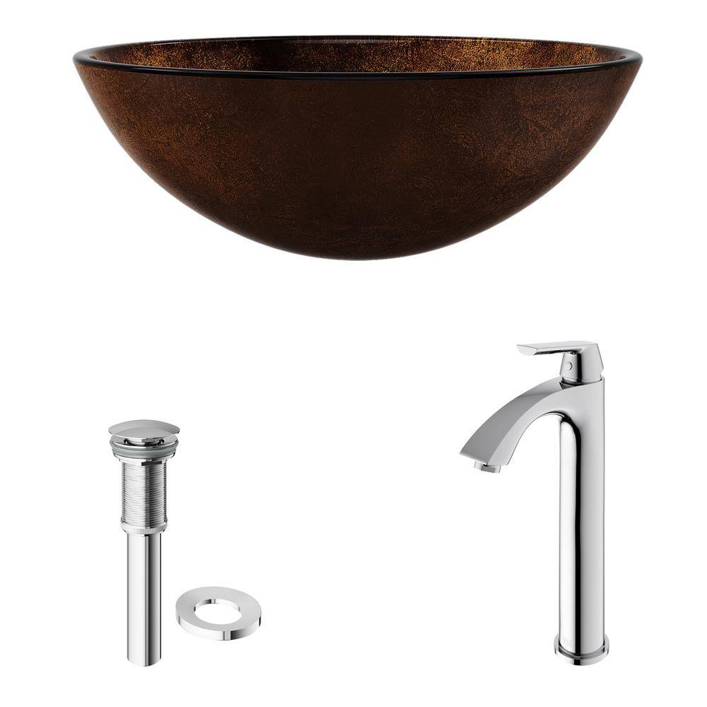 Russet Gold and Brown Glass Round Vessel Sink with Chrome Faucet