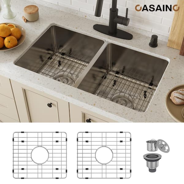 31 in. Undermount Double Bowl 18 Gauge Stainless Steel Kitchen Sink with Bottom Grid and Basket Strainer, cUPC Certified