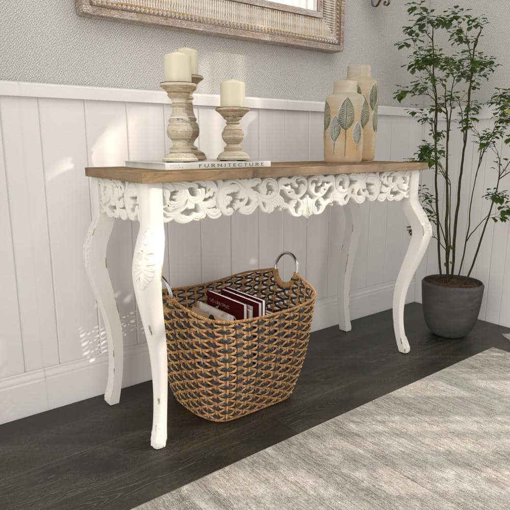 Elegant Farmhouse 46" White and Brown Wood Carved Console Table