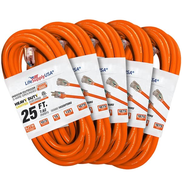 LifeSupplyUSA 25 ft. 10-Gauge/3 Conductors SJTW Indoor/Outdoor Extension Cord with Lighted End Orange (5-Pack)