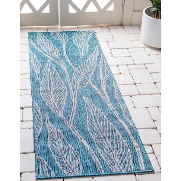 Outdoor Leaf Teal 2 ft. x 6 ft. Runner Rug