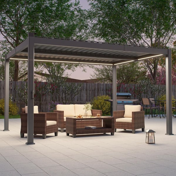 SANLUCE 10 ft. x 13 ft. Gray Aluminum Pergola with Adjustable Louvers, LED Lights, and Solar Charging for Outdoor Living