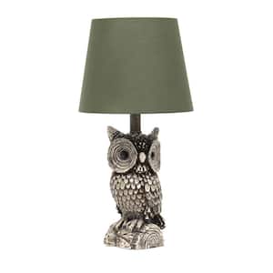 19.85 in. Brown and Green Polyresin Night Owl Novelty Bedside Table Lamp with Green Tapered Drum Fabric Shade