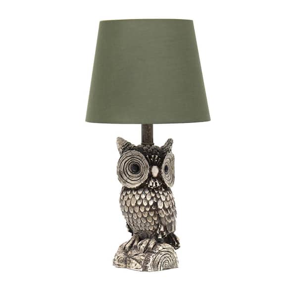 Simple Designs 19.85 in. Brown and Green Polyresin Night Owl Novelty Bedside Table Lamp with Green Tapered Drum Fabric Shade