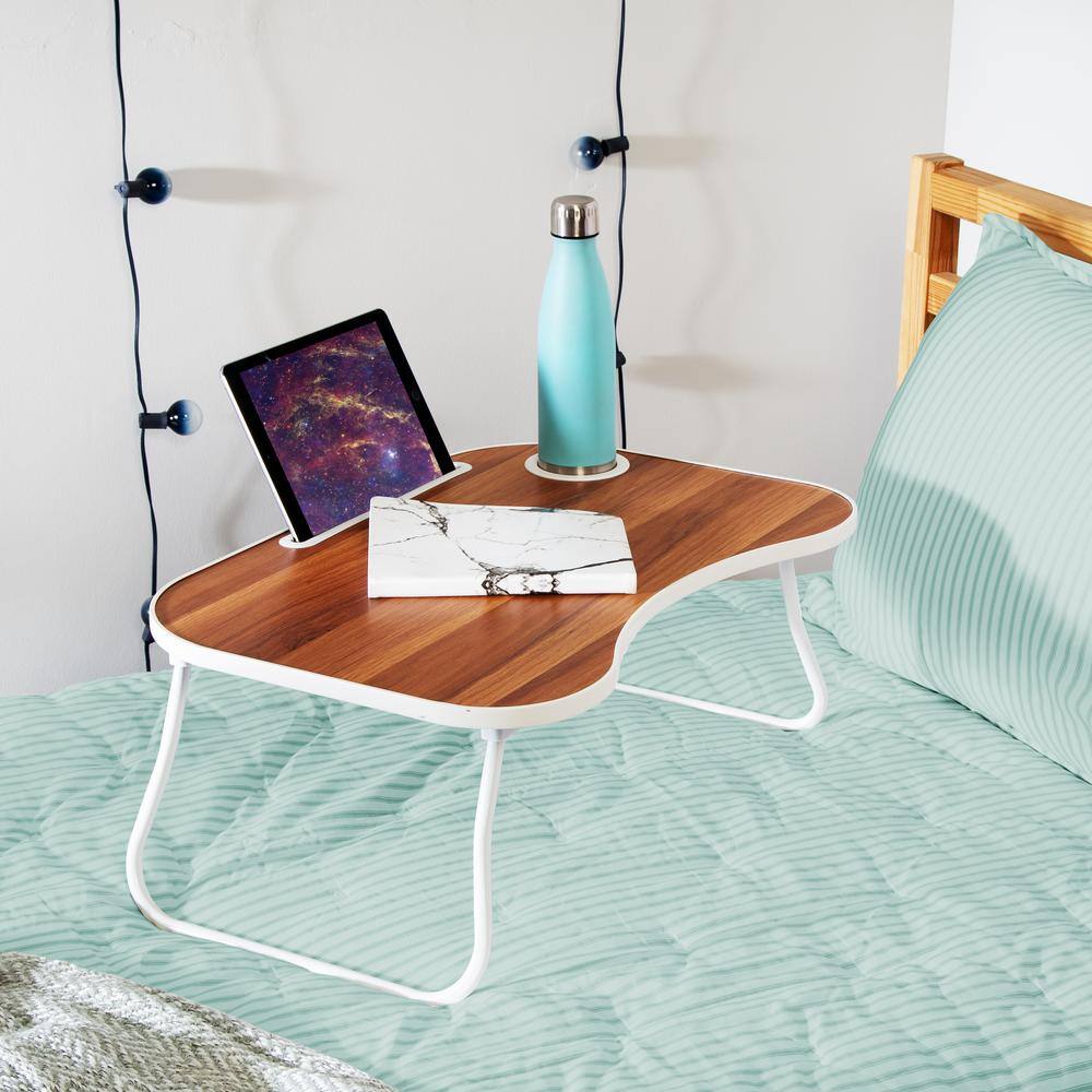White and Faux Walnut Collapsible Folding Lap Desk with Cup Holder