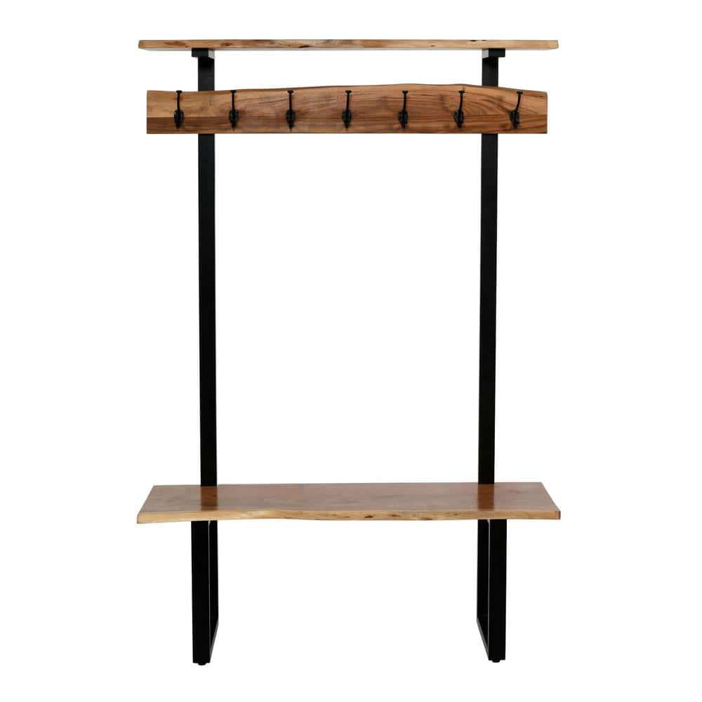 Natural Acacia Wood Hall Tree with Metal Hooks and Shelves