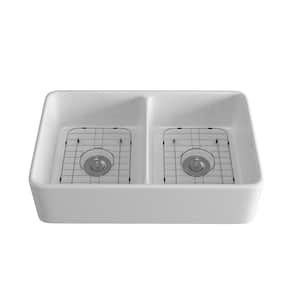 Gillian White Ceramic 32.28 in. Double Bowl Farmhouse Apron Workstation Kitchen Sink