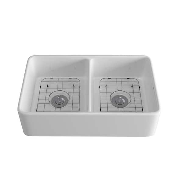 Mini Kong Gillian White Ceramic 32.28 in. Double Bowl Farmhouse Apron Workstation Kitchen Sink