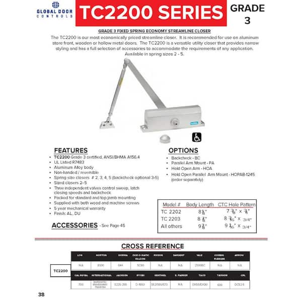 Commercial Door Closer with Hold Open Arm in Aluminum - Size 3